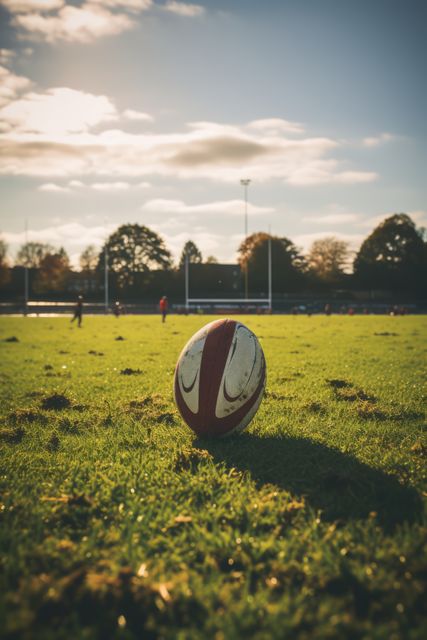 Rugby ball positioned on a grass field with goalposts in the background during a sunset. Ideal for use in sports promotions, rugby event advertising, outdoor activity marketing, or as a motivational sports poster.