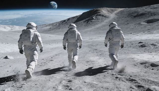 Three astronauts trekking on lunar surface leaving footprints with Earthrise on horizon