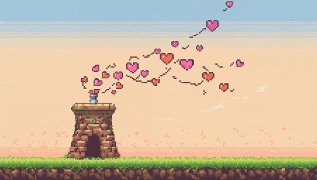 Pixel adventurer releasing heart particles from stone tower over pastel grassland 8-bit retro