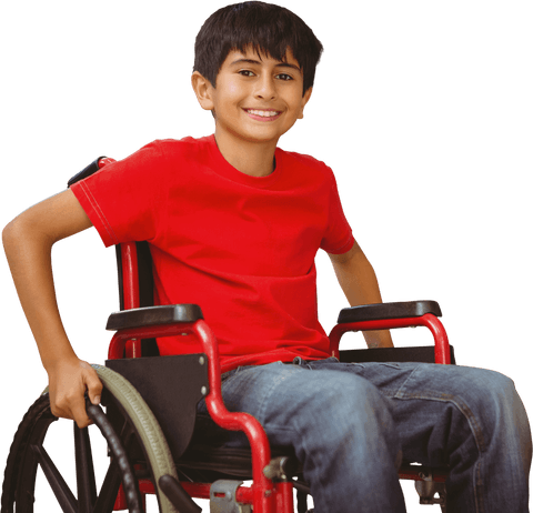 Smiling boy in red shirt sitting in transparent background wheelchair