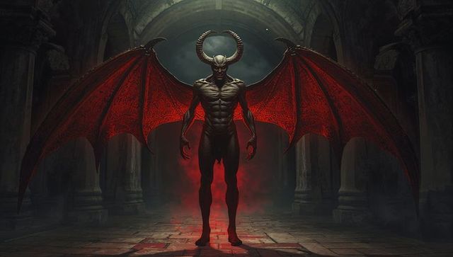 Horned demonic figure with wings in ancient hall