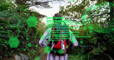 Hiker walking forest trail with augmented reality data overlay, backpack and bottle