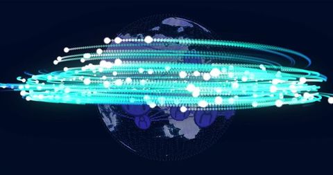 Rotating digital globe with neon cyan orbital rings and streaming data nodes