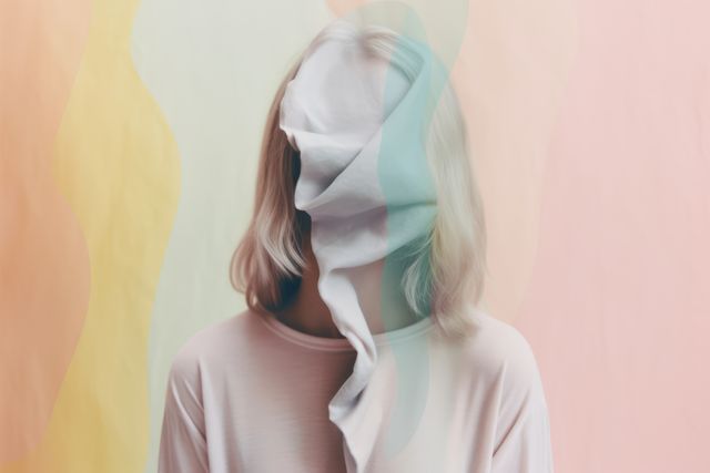 Woman with face covered by pink fabric on pink background, created using generative ai technology. Faceless person, anonymity and colour concept digitally generated image.