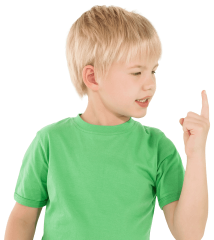 Happy Blonde Boy in Green Shirt Pointing on Transparent Background