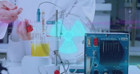 Lab scientist adjusting pipette and probe over yellow solution with radiation hologram