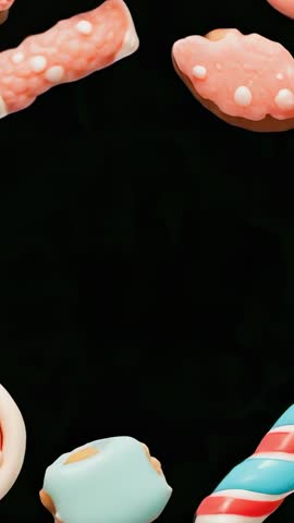 Pastel candy shapes drifting downward through black void vertical looping animation