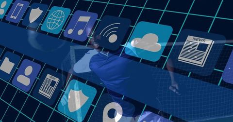 Tennis Player in Futuristic Digital World with Icons