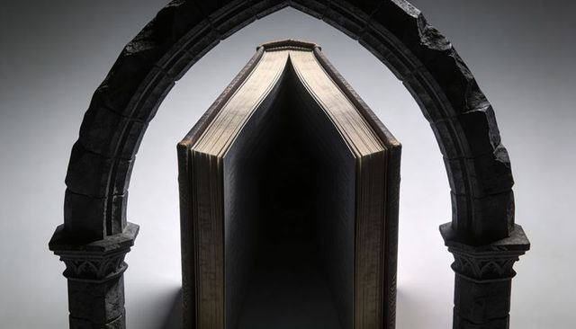 Antique gilded tome standing open under stone arch with carved pillars casting glow