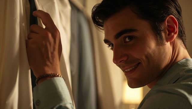 Smiling man pulling light shirt from closet while wearing beaded bracelet, warm wardrobe closeup