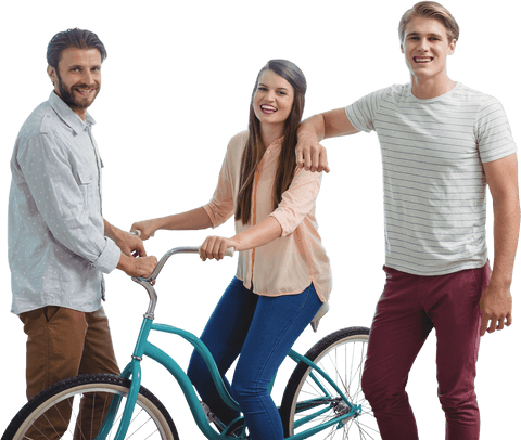 Happy Colleagues Enjoying Ride on Blue Bicycle on Transparent Background