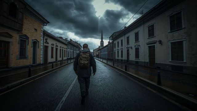 Solitary walker crossing historic street under moody storm clouds toward church steeple