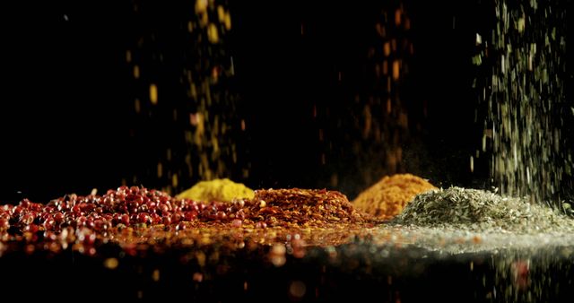 This visual highlights an array of colorful spices falling and being poured against a black background, creating a vivid contrast and emphasizing the richness of the different spices. Ideal for use in culinary blogs, gourmet recipes, cooking shows, and restaurants' promotional materials.