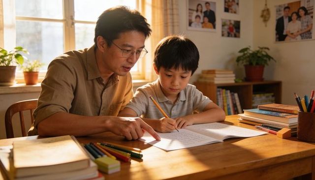 Asian father teaching son homework at sunlit wooden desk, focused learning and guidance
