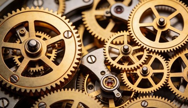 Rotating brass gears coiled hairspring macro close-up interlocking watch movement mechanism