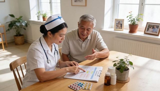 Home nurse consulting senior man on medication schedule and care plan at sunlit table