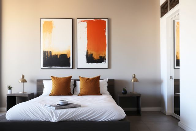 This modern minimalist bedroom features a comfortable bed with white linens and burnt orange pillows. Eye-catching abstract art pieces hang above the bed, adding a splash of color to the room's light gray walls. Perfect for articles or designs focused on interior decor, bedroom inspiration, contemporary home designs, and relaxation ideas.
