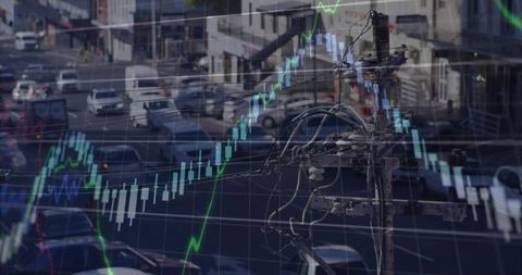 Urban power pole with candlestick market chart overlay conveying energy and finance trends