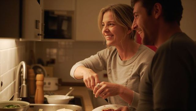 Couple cooking together in warm kitchen, woman seasoning dish, cozy intimate night