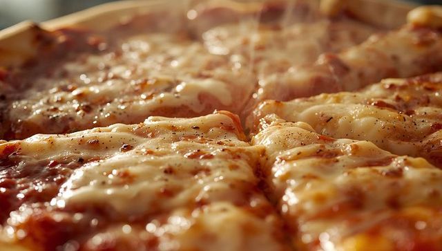 Cheese pizza melting and bubbling with golden crust and steaming mozzarella