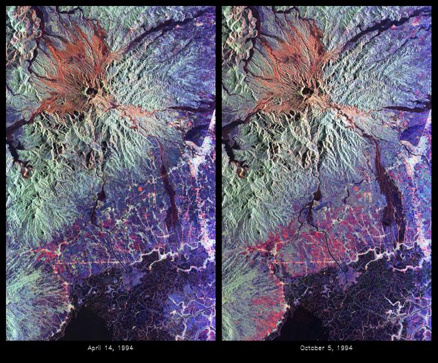 This color composite radar dataset shows changes in mudflow damage around Mount Pinatubo, Philippines, between April 14 and October 5, 1994, using images captured by the Spaceborne Imaging Radar-C/X-Band Synthetic Aperture Radar from space shuttle Endeavour. The images depict dramatic changes in the river valleys and highlight the impacts of the 1994 monsoon season on local communities, providing crucial data for ongoing volcanic monitoring and disaster prevention studies. These types of images can be useful in academic research, environmental monitoring tools, educational resources, and disaster management training programs.