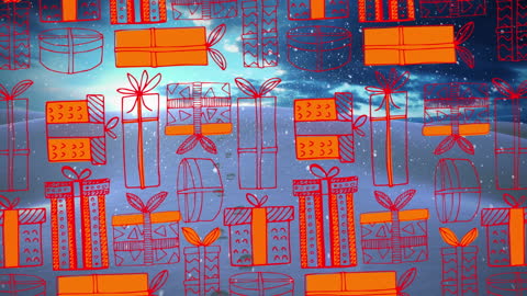 Festive Gift Boxes with Falling Snow Over Winter Scenery