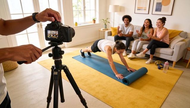 Filming home workout woman holding plank on blue mat while friends cheer on camera