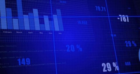 Futuristic Blue Data Dashboard Displaying Bar Chart and Percentage Metrics