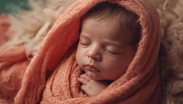 Sleeping newborn in coral swaddle with plush fur background