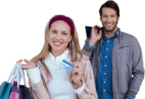 Smiling Couple with Shopping Bags and Credit Card on Transparent Background