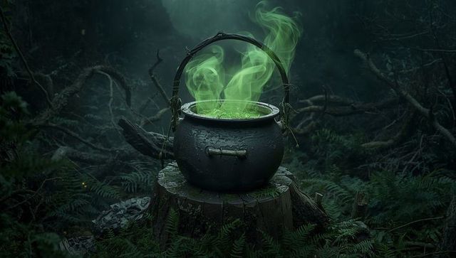 Cauldron bubbling glowing green potion on mossy stump in misty enchanted forest