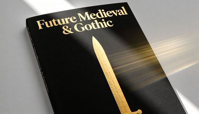 Matte black hardcover with gold foil sword and 'future medieval & gothic' typographic cover