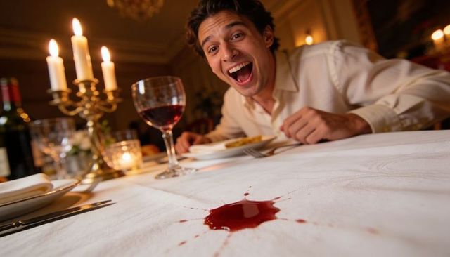 Laughing man causing wine spill at romantic candlelit dinner