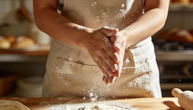Artisan Baker Clapping Flour Over Dough on Wooden Counter Cozy Kitchen Closeup