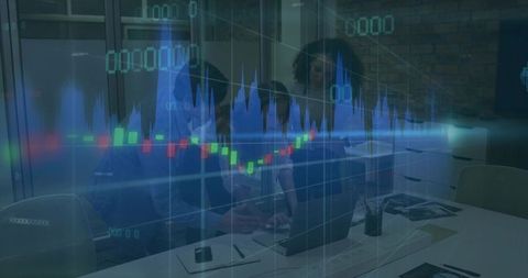 Team collaborating on financial analysis with candlestick chart overlay in modern office