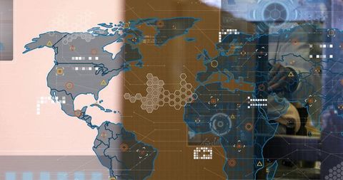 Global data network overlaying control console with hex grid, HUD markers and world map