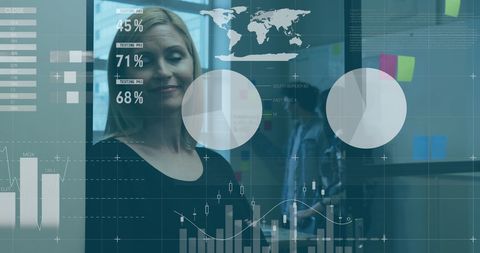 Businesswoman analyzing financial data with virtual interface