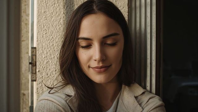 Serene young woman leaning at doorway closing eyes and smiling in warm natural light