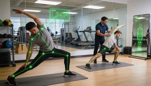 Trainer correcting posture during ar-guided stretching and mobility session in gym