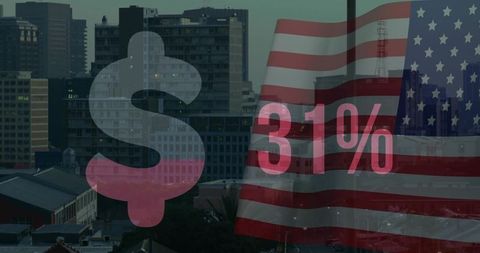 American economy showing 31% decline over urban skyline with dollar symbol and flag