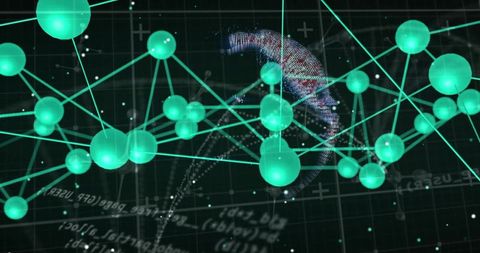 Glowing Teal Network Nodes Connecting in 3D Grid with Digital Globe Data Visualization