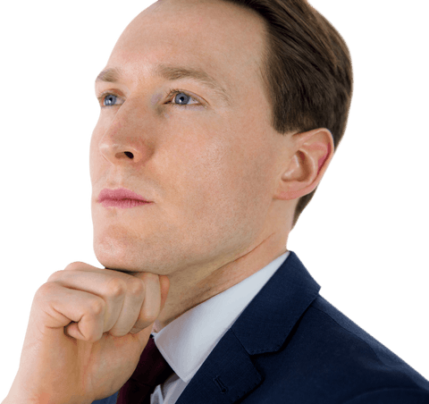 This transparent cutout features a businessman in a classic blue suit contemplating with a hand on his chin. Ideal for presentations, business materials, or illustrating concepts like decision-making, problem-solving, or professional demeanor.