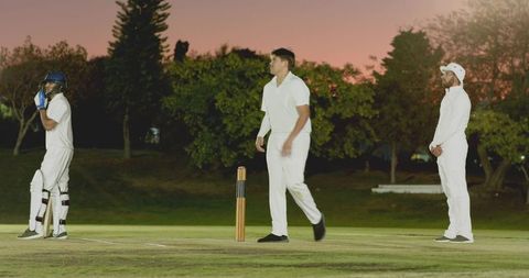 Dusk cricket match featuring diverse players standing at crease near wooden stumps
