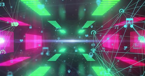 Neon Tunnel with Floating Digital Icons Representing Global Networking - Download Free Stock Images Pikwizard.com