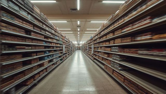 Aisle in supermarket with stocked shelves and reflective tile floor