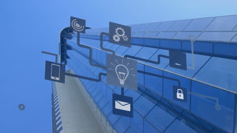 Modern Skyscraper with Digital Network Connectivity Overlay