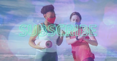 Two Diverse Women Exercising in Masks with Subscribe Overlay