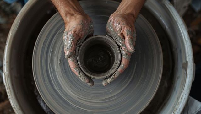 Clay-coated hands shaping small ceramic vessel on potter wheel, close-up craftsmanship