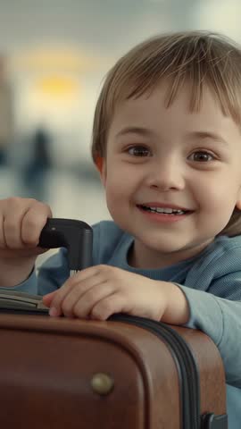 Toddler Boy Smiling and Gripping Suitcase in Airport Lounge Awaiting Trip Vertical Video