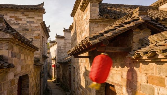 Golden-lit stone alley with red lanterns and curved tiled roofs in chinese heritage village